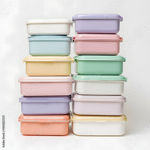 Stacked pastel containers against a white background, providing a colorful and organized visual.
