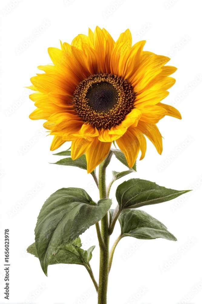 Fototapeta premium Bright yellow sunflower with green leaves against white