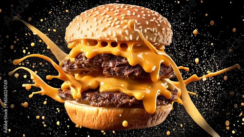 Juicy double burger topped with melted cheese sauce bursting with flavor. Perfect for fast food promotion, restaurant marketing, food blogs. Captivating snack appeal in dark setting