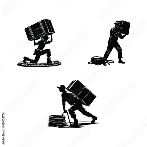 Silhouette of workers with heavy loads, hard labour and workforce vector icons