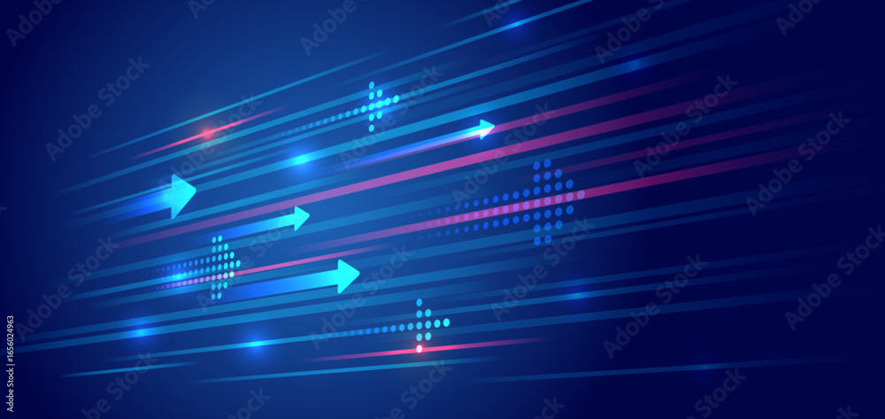 Futuristic background with horizontal arrows and digital elements symbolizing growth, development and technology. Ideal for business presentations, banners and IT design.