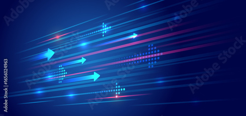 Futuristic background with horizontal arrows and digital elements symbolizing growth, development and technology. Ideal for business presentations, banners and IT design.