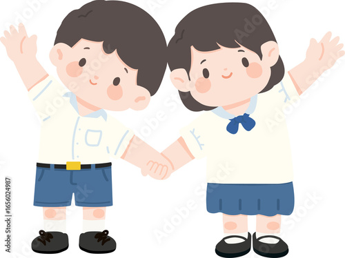 Cartoon Illustration of Students Holding Hands saying hi or bye to school