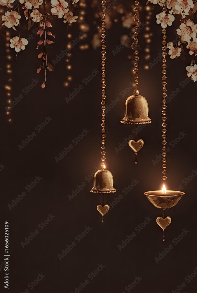 Obraz premium Golden bells and lamps hang in a floral setting