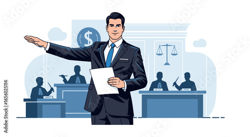 Cartoon Lawyer in Courtroom, Presenting Case with Paperwork and Extended Arm