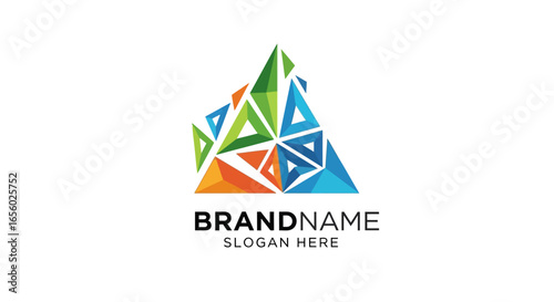 Colorful abstract mountain logo composed of vibrant green, blue, and orange geometric triangles.