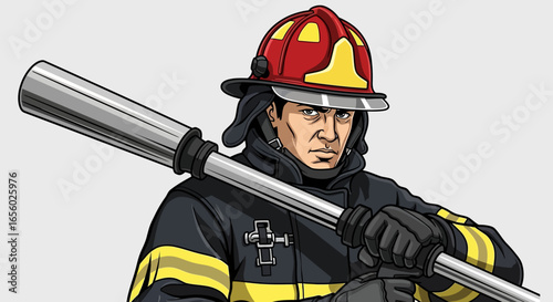 Determined Firefighter with Fire Hose, Ready for Action