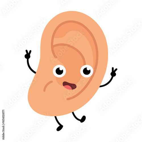 Funny cartoon ear character vector illustration. Cute human ear with smiling face and peace hand gesture, perfect for health, anatomy, and kids design.