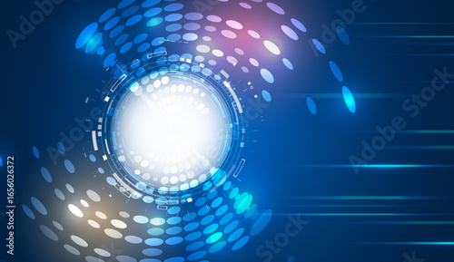 Futuristic background in blue tones with round elements and technological details. Ideal for high technologies, digital interfaces and innovations. Hi-tech presentations