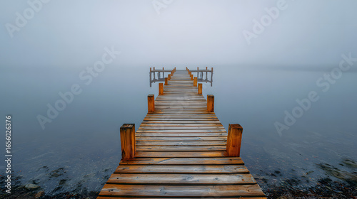 A wooden pier stretches into a foggy, calm lake, creating a serene and atmospheric scene with a sense of mystery and tranquility.