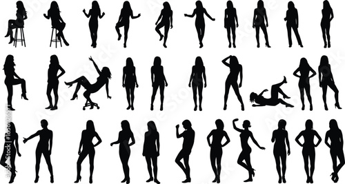 Female model silhouette collection, women posing in various standing, sitting, and dynamic positions, fashion illustration vector, black outline figures.