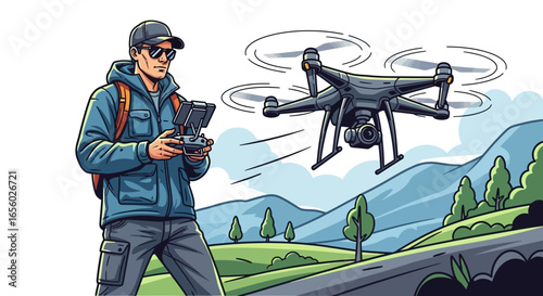 Focused Man in Cap and Sunglasses Operating a Dark Grey Quadcopter Drone Illustration