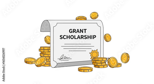 Securing grant scholarship funding represented by a diploma and stacks of golden coins ideal for educational materials highlighting financial aid and academic achievements symbolizing success.