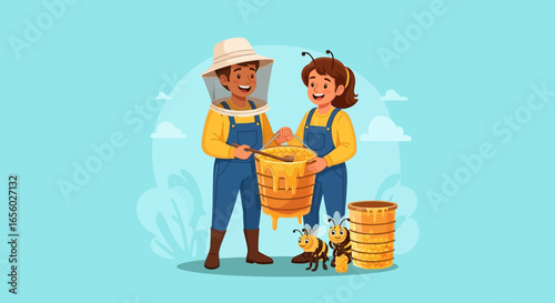 Happy Cartoon Beekeepers Harvesting Golden Honey with Cute Bees and Honeycomb
