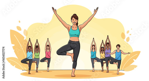 Happy diverse group of people in colorful athletic wear practicing the tree pose during a yoga class.