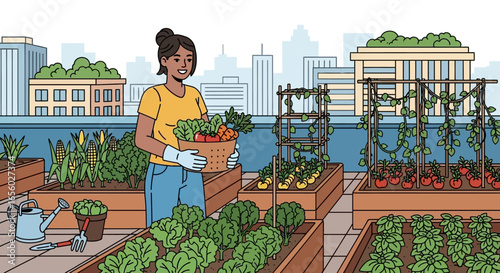 Happy female gardener in a yellow shirt and gloves holding a woven basket full of fresh, colorful vegetables like carrots and tomatoes.