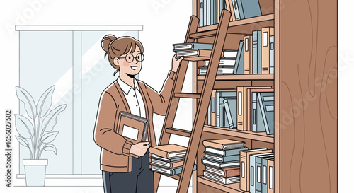 Illustrated woman with glasses and a hair bun smiling while organizing books on a tall wooden bookshelf.