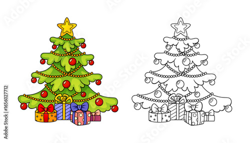Christmas tree with gifts. Merry Christmas and Happy New Year. Black and white vector illustration for coloring book with example in color