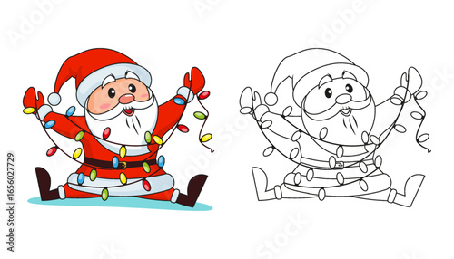 Santa Claus got tangled in Christmas lights. Merry Christmas and Happy New Year. Black and white vector illustration for coloring book with example in color