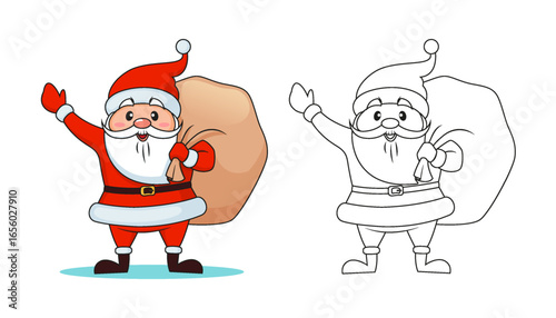Santa claus with Christmas gifts bag. Merry Christmas and Happy New Year. Black and white vector illustration for coloring book with example in color