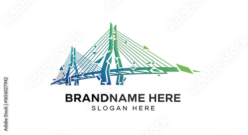 Modern cable-stayed bridge logo with a fragmented geometric style and a blue to green gradient.