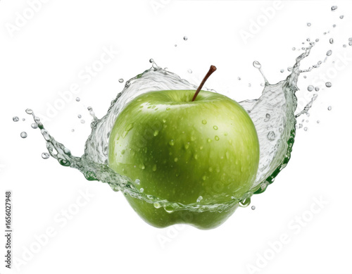 Green fresh apple with splashes of water on transparent background