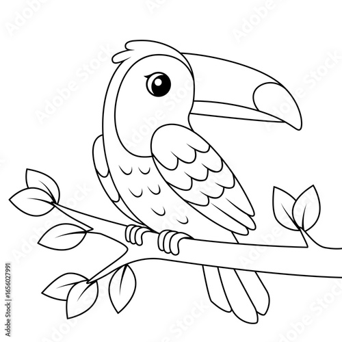 Cute cartoon toucan. Black and white vector illustration for coloring book