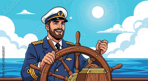Smiling bearded sea captain in a blue uniform steering a wooden ship's wheel.