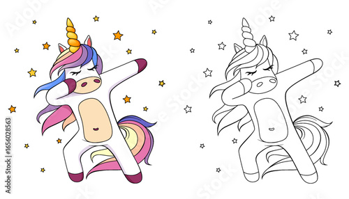 Cute dabbing unicorn. Black and white vector illustration for coloring book with example in color
