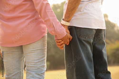 Old Sweet Couple Holding Hands During A Sunset Walk In The Park