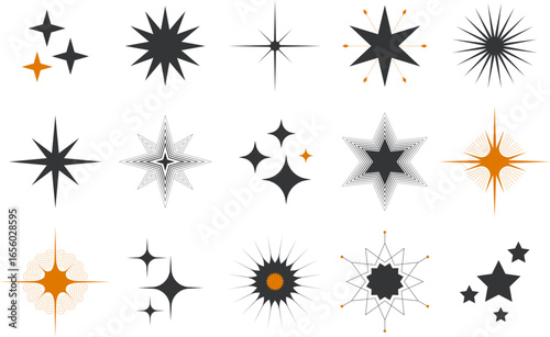 Stars Shape Collection. Vector illustration of various shapes of black and yellow sparkles isolated on a transparent background.