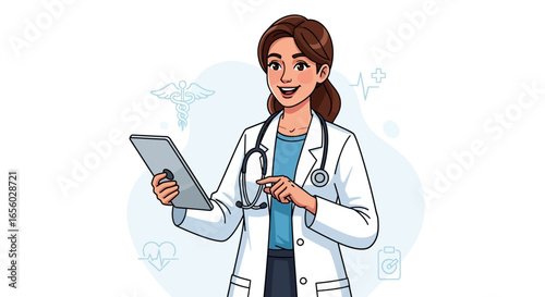 Smiling female doctor cartoon character in a white lab coat with a stethoscope, holding a digital tablet.