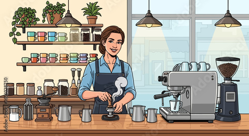 Smiling female barista in a comic style illustration tamping coffee at a cafe counter.