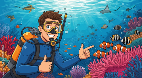 Smiling Male Scuba Diver in Blue Wetsuit with Yellow Mask and Orange Tank, Pointing and Thumbs Up