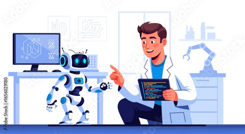 Smiling scientist in a white lab coat programming a small humanoid robot with a tablet.