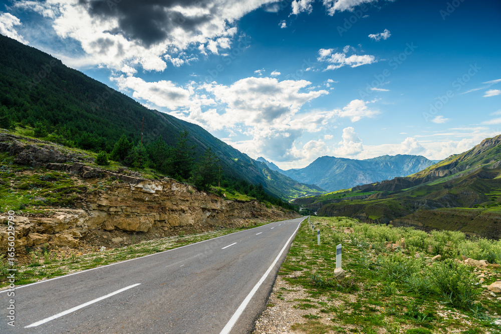 Obraz premium Beautiful mountain landscape with a road among green mountains in Dagestan. Caucasus