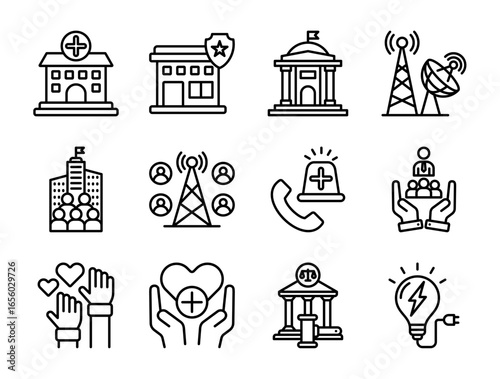 Collection of Public Service icons, related to hospital, government, telecommunication, servant, volunteer and more. Outline icons vector illustation.