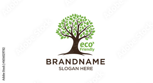 Stylized Tree Logo with Green Leaves and Eco-Friendly Text