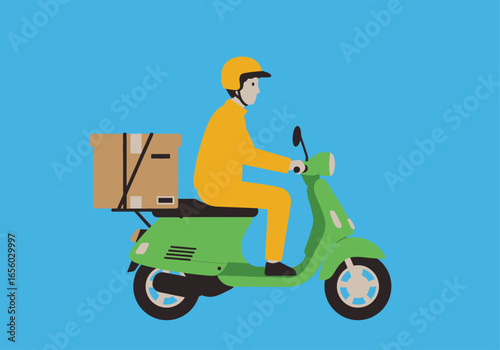A delivery driver wearing a yellow uniform and helmet rides a green scooter to transport a package.
