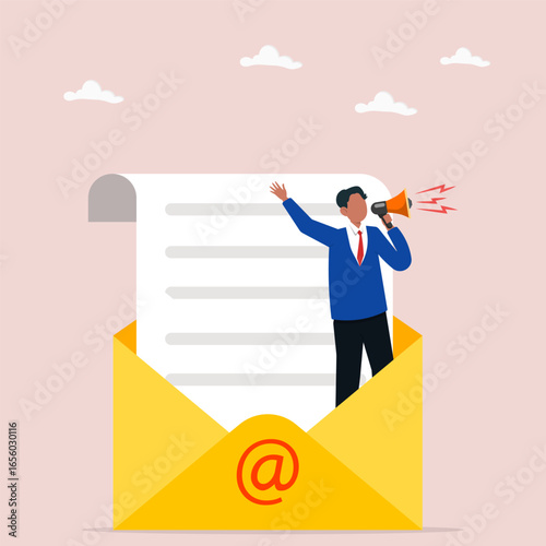 Businessman standing in email envelope announcing promotion through megaphone. Email marketing promotion concept.
