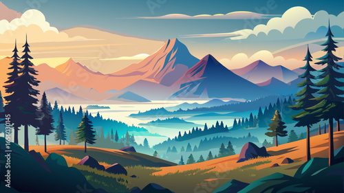 Stunning landscape with pine trees overlooking mountain range, valley shrouded in mist, under clear sky at sunrise, radiant light spreading warmth, serene atmosphere embracing timeless natural beauty 
