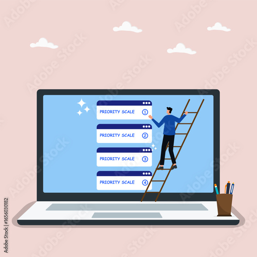 Businessman climbing stairs to moving priority scale task on laptop screen. Priority work moving urgent and important task on top. Project planning concept.