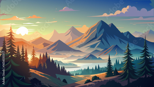 Stunning landscape with pine trees overlooking mountain range, valley shrouded in mist, under clear sky at sunrise, radiant light spreading warmth, serene atmosphere embracing timeless natural beauty 