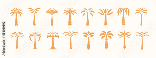 Set of simple geometric palm tree icon or logo designs. Summer tropical design elements and vacation emblems for resort, travel and beauty