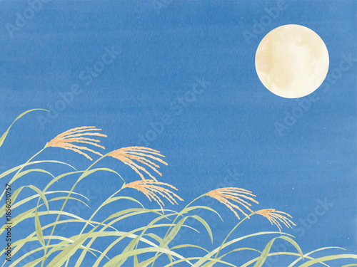 水彩で描いた満月とススキの背景イラスト2