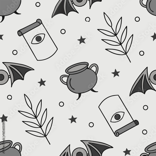 Seamless pattern of cartoon witch cauldron bat wings and scroll with eye halloween