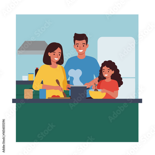 Happy family cooking together in their kitchen, preparing a meal.