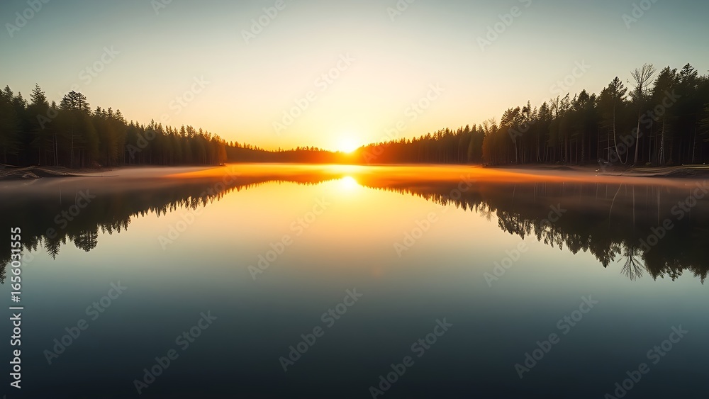 Fototapeta premium A serene lake mirroring golden sunset and forest, creating a perfectly symmetrical dreamscape.