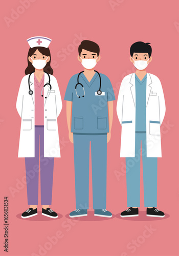 Three medical professionals, a nurse and two doctors, stand together wearing white lab coats, scrubs, and protective face masks, symbolizing healthcare and medical care.