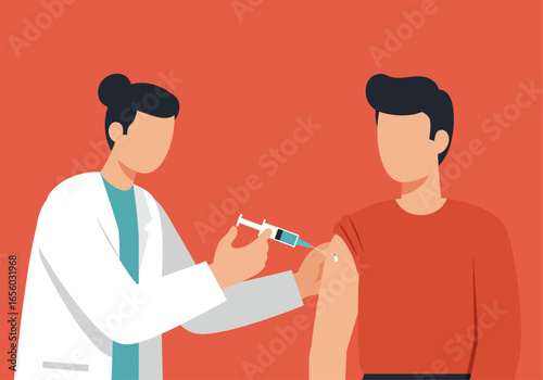 A medical professional administers a vaccine injection to a patient's arm, illustrating healthcare and preventative medicine.